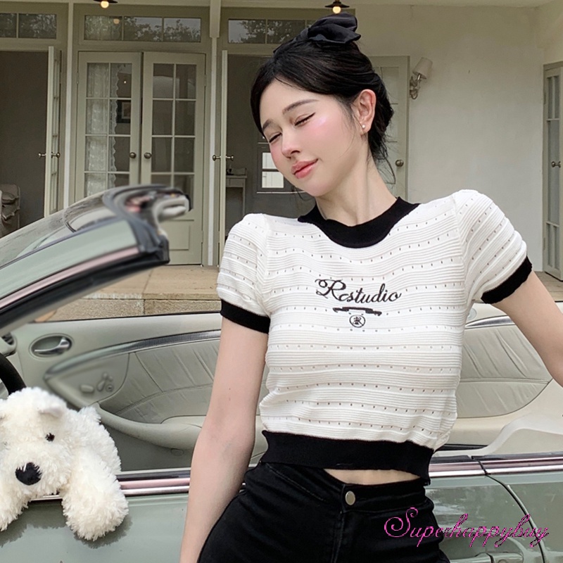 Áo Dệt Kim Tay Ngắn Hở Rốn In Chữ Thời Trang Cho Nữ