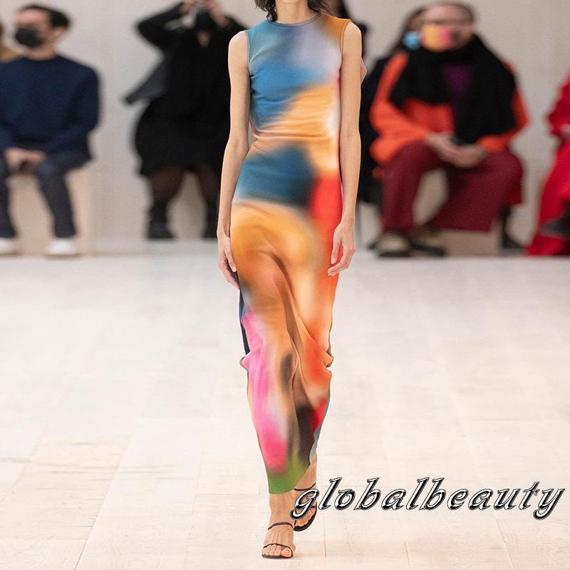 Đầm Dài Không Tay Cổ Tròn Họa Tiết Màu Nhuộm Phong Cách Mùa Hè Cho Nữ