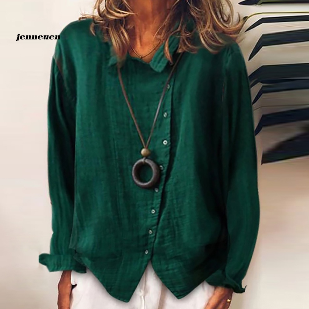 Áo Sơ Mi Vải Lanh Cotton Tay Dài Màu Sắc Đơn Giản Dành Cho Nữ
