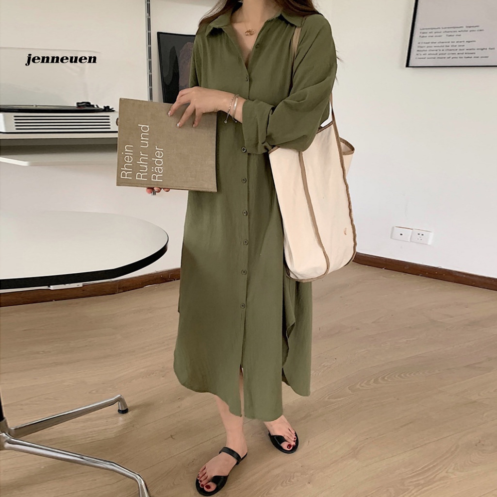 Jen Áo Sơ Mi Mùa Thu Cổ Bẻ Tay Dài Một Hàng Nút Cài Vòng Cung Viền Dọc Rộng Quá Gối Màu Trơn Kích Thước