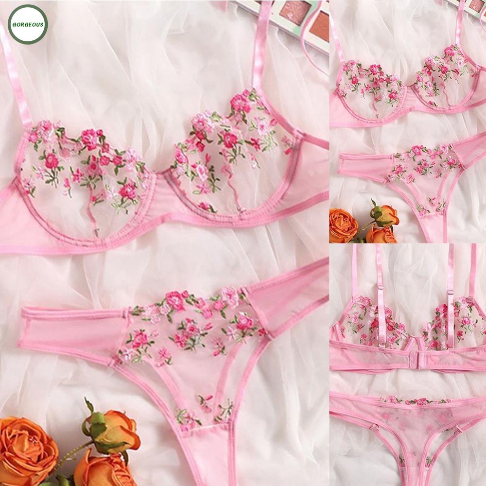 GORGEOUS~Women Sexy Lace Embroidery Bra Thongs Set  Sheer Nightwear Lingerie Sleepwear