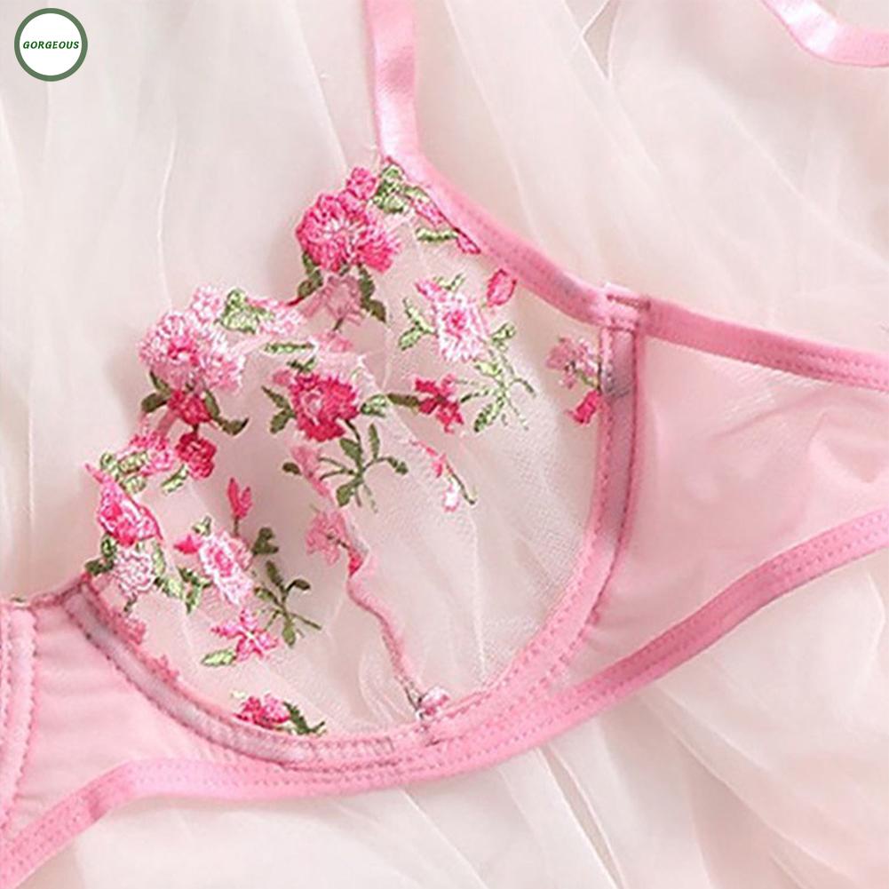 GORGEOUS~Women Sexy Lace Embroidery Bra Thongs Set  Sheer Nightwear Lingerie Sleepwear