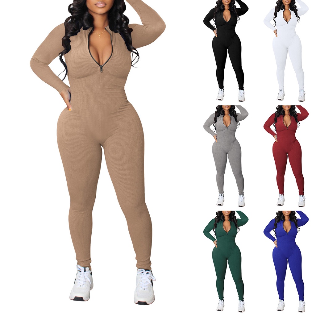 [MM0411] Áo Liền Quần Tay Dài Cổ Đứng Có Dây Kéo Màu Trơn Dành Cho Nữ