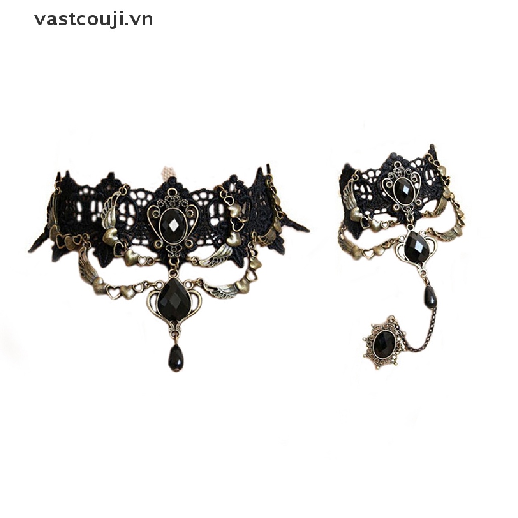 Vòng Cổ Choker Vải Ren Màu Đen Đính Đá Pha Lê Gợi Cảm VN