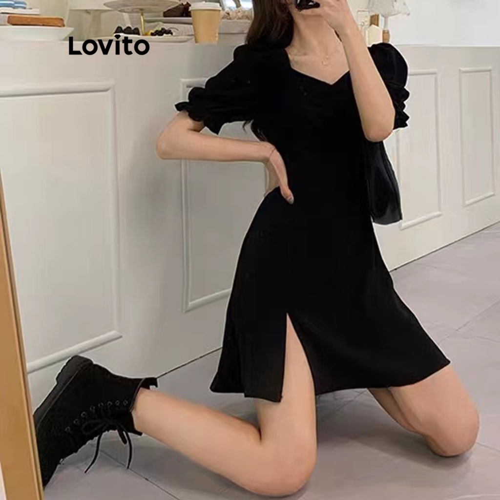 Đầm Lovito xẻ tà nhún bèo tay phồng màu trơn thanh lịch L17X103 (Màu đen)