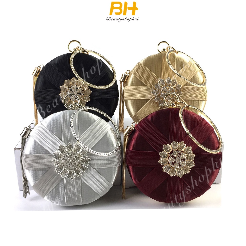 Túi Xách Dự Tiệc Đính Đá Phối Dây Xích Tròn Thiết Kế Mới Cao Cấp Thời Trang Cho Nữ