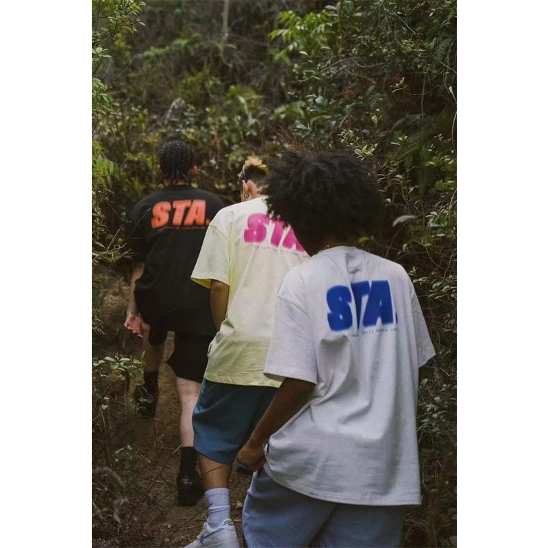 Sta &amp; Phantom Áo Thun Cotton Tay Ngắn Dáng Rộng Cổ Tròn In Chữ Xù Phong Cách Đường Phố Cao Cấp Cho Nam Và Nữ