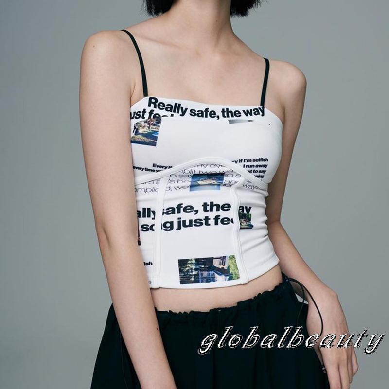 Áo Hai Dây Cổ Vuông In Họa Tiết Chữ Thời Trang Cho Nữ