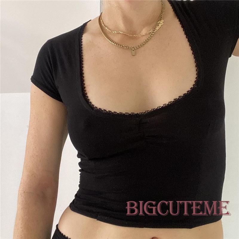 Áo Croptop Tay Ngắn Cổ Vuông Màu Đen Thời Trang Mùa Hè Cho Nữ