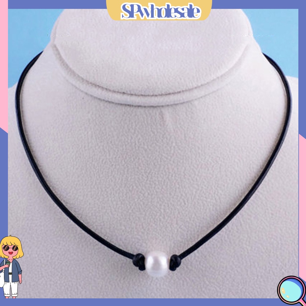 &lt;SPwholesale&gt; Vòng Cổ Choker Dây Da Đính Hạt Ngọc Trai Nhân Tạo Đơn Giản