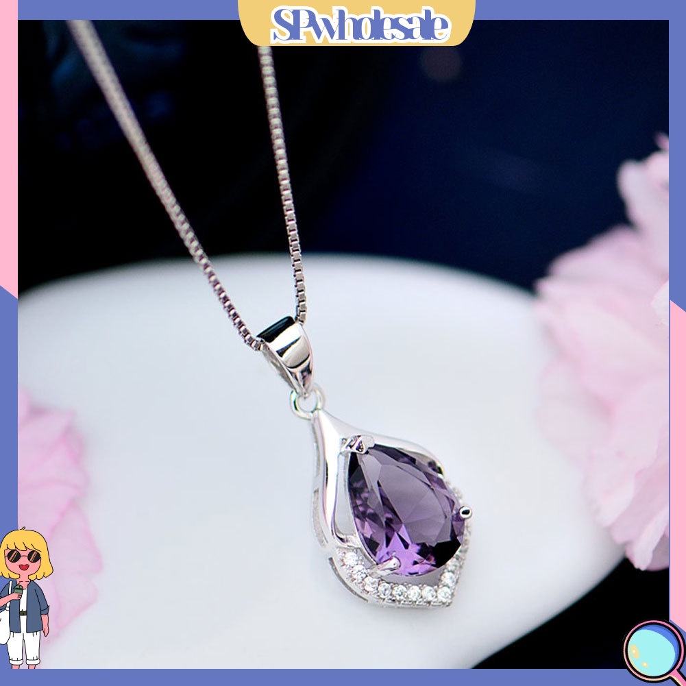 &lt;SPwholesale&gt; Vòng cổ Mặt Hình Giọt Nước Đính Đá Thạch Anh Tím