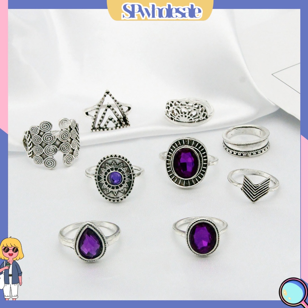 <SPwholesale> Bộ 9 Nhẫn Hợp Kim Đính Đá Tím Nhân Tạo Phong Cách Bohemia