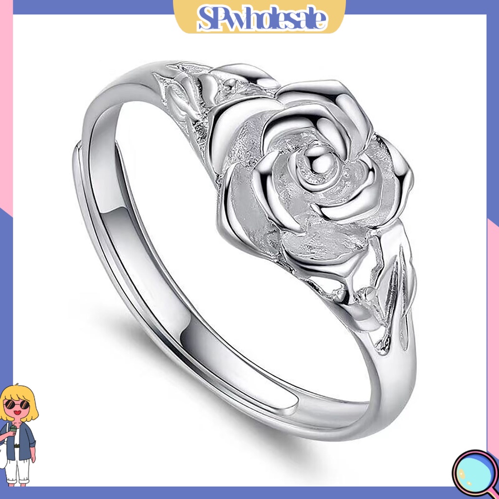 <SPwholesale> Nhẫn Đính Hôn Bằng Đồng Mạ Bạc Khắc Họa Tiết Hoa Hồng Màu Sắc Cổ Điển Dành Cho Nữ