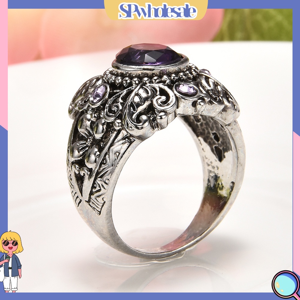 &lt;SPwholesale&gt; Nhẫn Nữ Chạm Khắc Hoa Văn Đính Đá Thạch Anh Tím Phong Cách Vintage