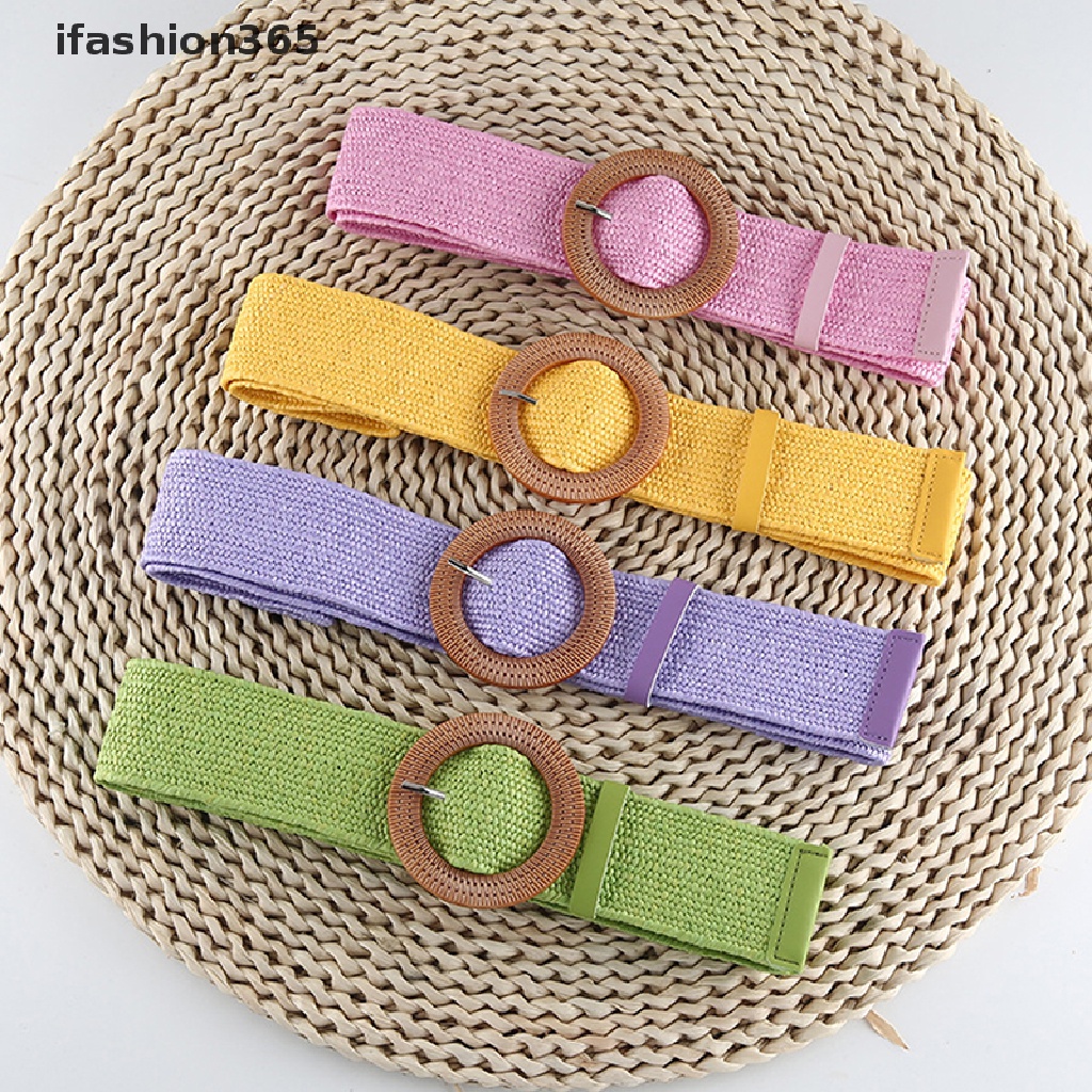 Thắt Lưng Bện Sợi Rơm Bản Rộng Co Giãn Có Khóa Vuông Phong Cách Bohemia Thời Trang ifashion365 Cho Nữ