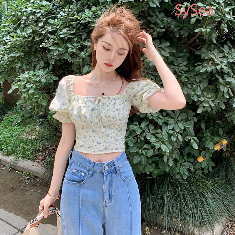 Áo Kiểu Tay Phồng Cổ Vuông Họa Tiết Hoa Phong Cách Pháp