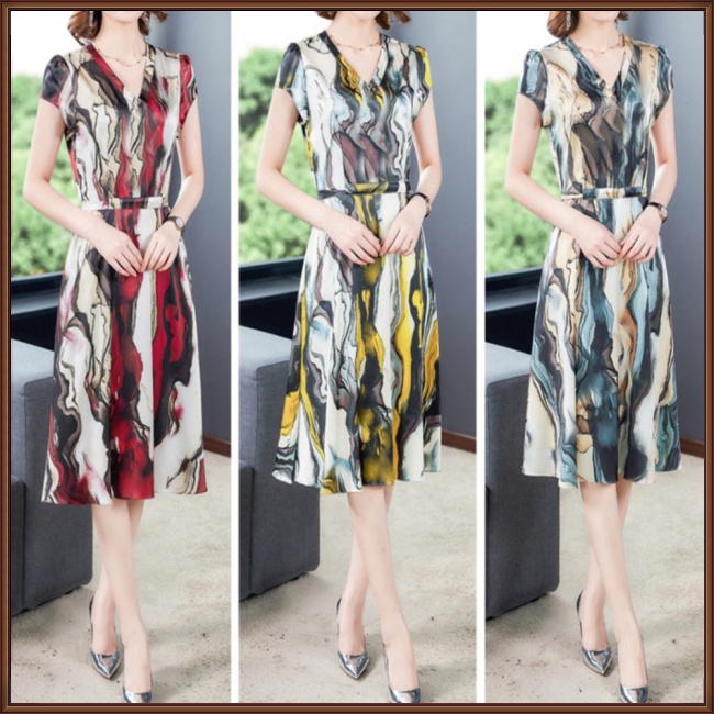 Đầm Tay Ngắn Cổ Chữ V Vải Lụa Mát In Họa Tiết Thời Trang Cho Nữ