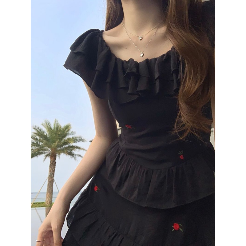 Đầm Ngắn Mùa Hè Thêu Họa Tiết Viền Bèo Thời Trang Cho Nữ