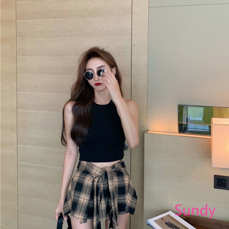 [Đã Bán Riêng Biệt] Áo Hai Dây Màu Đen + Quần Short Kẻ Sọc Caro Phong Cách Hàn Quốc Đơn Giản Thời Trang Mùa Hè Cho Nữ