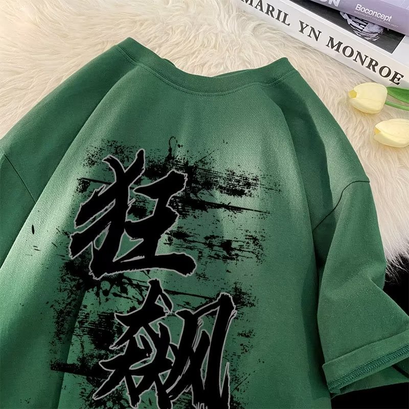Áo Thun Dáng Rộng In Chữ Thư Pháp Plus Size M-5XL Thời Trang Đường Phố Cho Cặp Đôi