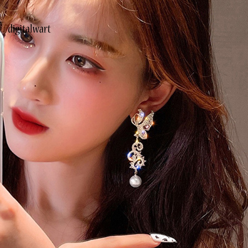 Kỹ Thuật Số| 1 Đôi Bông Tai Thả Hình Bướm Rỗng Đính Ngọc Trai Sáng Bóng Cho Nữ