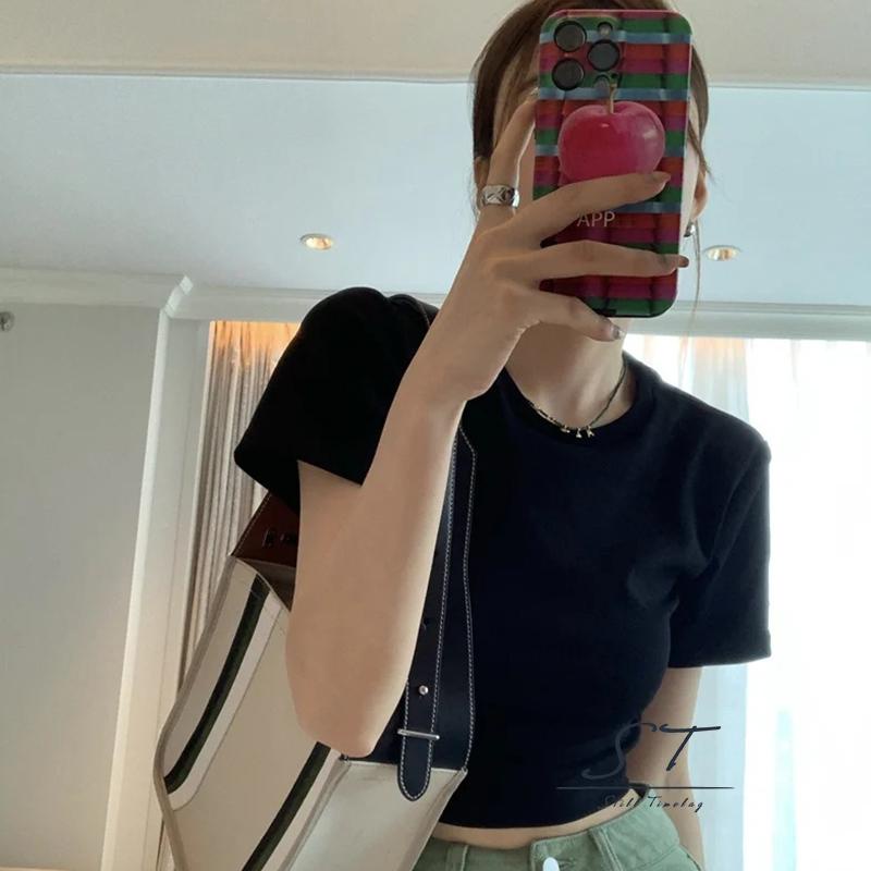 Áo Thun Crop Top Tay Ngắn Cổ Tròn Màu Đen Thời Trang Mùa Hè Cho Nữ CY03