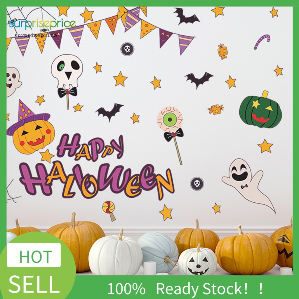 Bộ 2 Đề Can Dán Tường Tự Dính Họa Tiết Hoạt Hình Bí Ngô Ma Quái Trang Trí Halloween