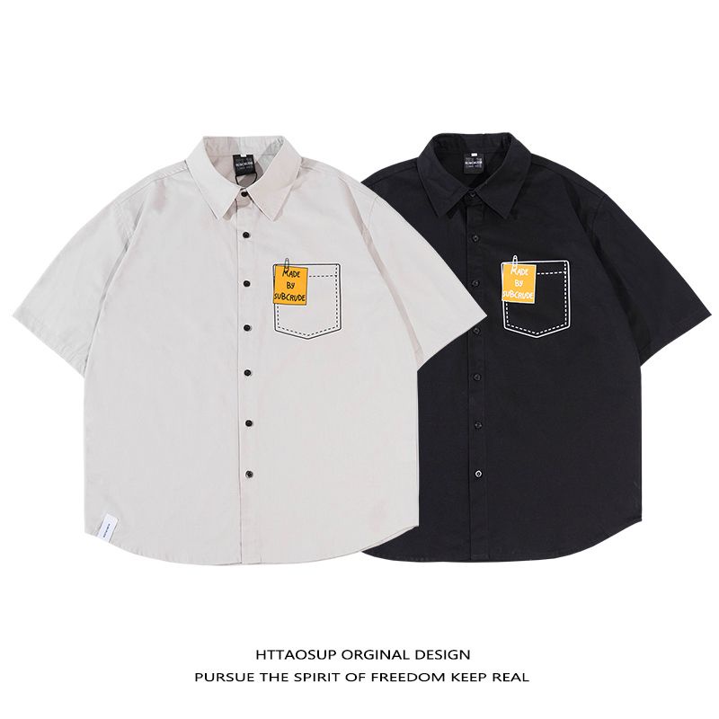 Áo Sơ Mi Ngắn Tay Dáng Rộng In Chữ Phong Cách Retro Nhật Bản Cá Tính Cho Nam Nữ