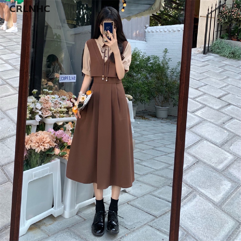 Crlnhhc Đầm Maxi Dáng Chữ A Giả Hai Lớp Đơn Giản Thời Trang Mùa Hè Phong Cách Preppy Cổ Điển Hàn Quốc Cho Nữ vn