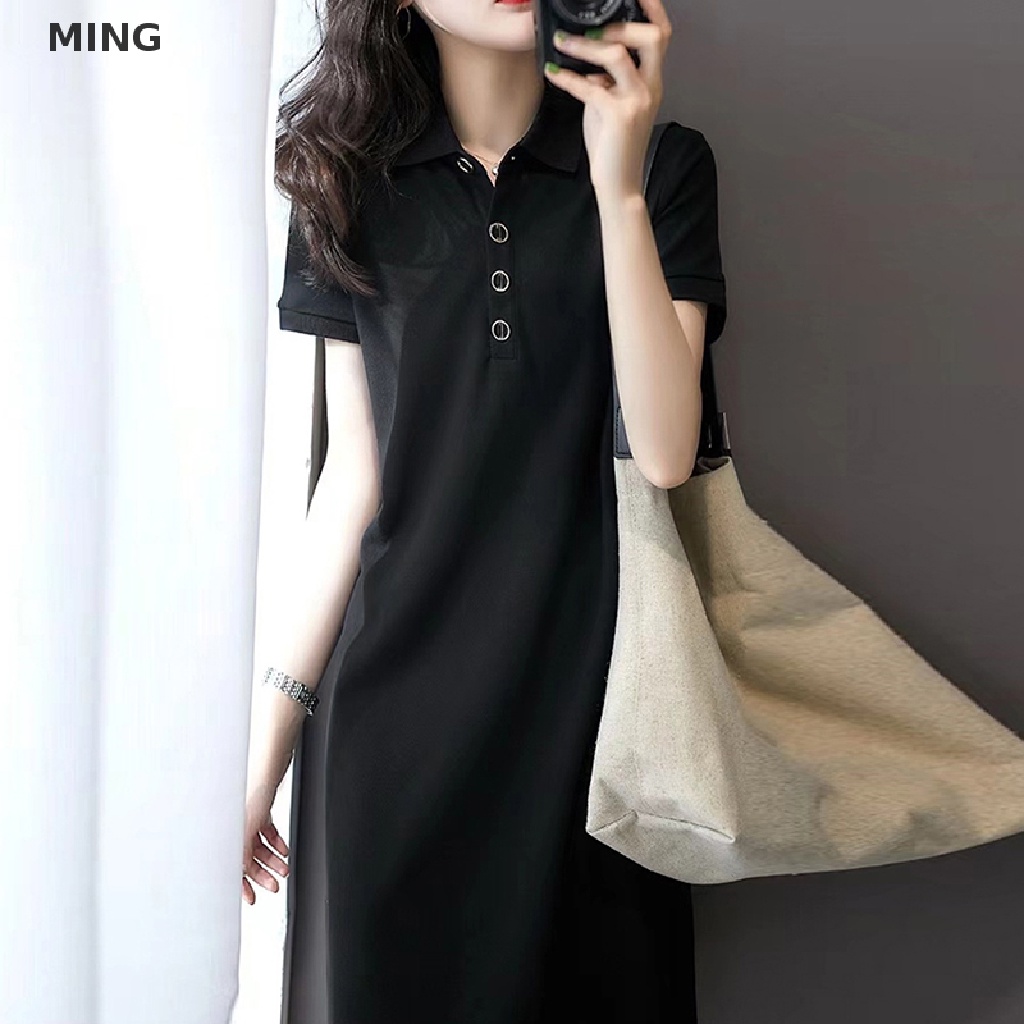 Đầm Chữ A Ngắn Tay Cổ Bẻ Cài Nút Màu Trơn Kiểu Retro