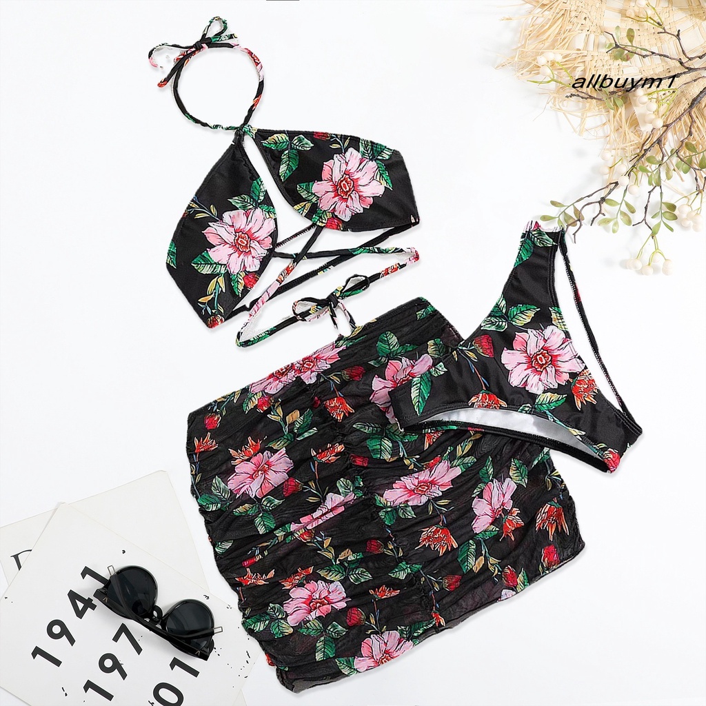 Bộ Đồ Bơi 3 Mảnh Gồm Áo Quấn Quanh Cổ Yếm Và Chân Váy In Họa Tiết Hoa Phong Cách Thể Thao Thời Trang Quyến Rũ Cho Nữ