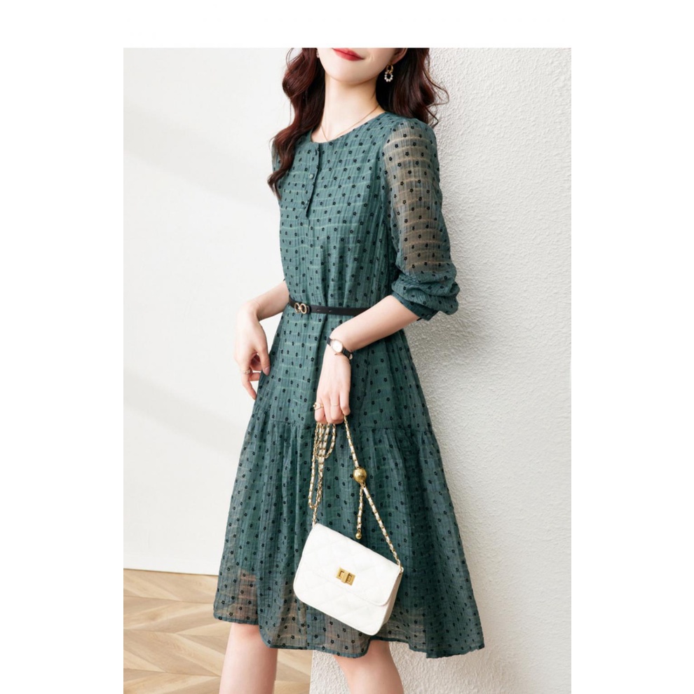 Đầm váy xanh voan hoa nhí hè thu đi chơi đi làm du lịch thời trang nữ quảng châu cao cấp phối belt bán chạy Xiny D178230