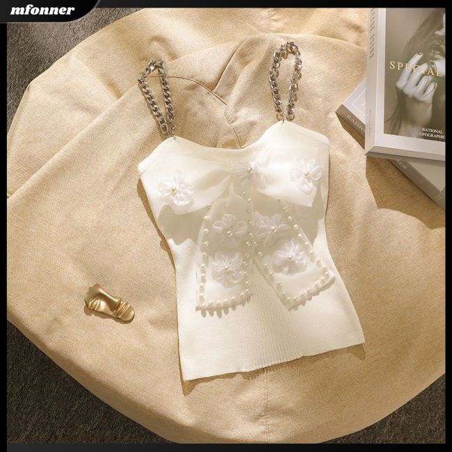 Áo Tank Top Không Tay Vải Lụa Lạnh Ôm Dáng Đính Nơ Phối Dây Xích Ngọc Trai Trang Nhã Cho Nữ