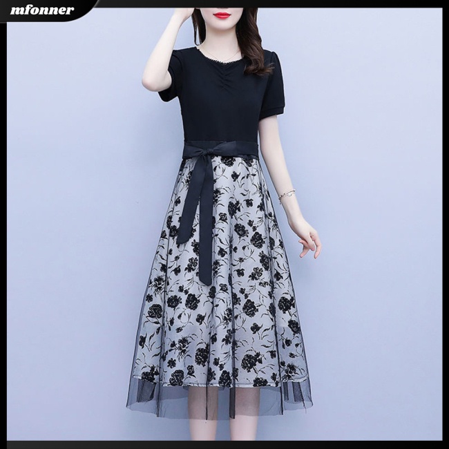 Đầm Midi Tay Ngắn Cổ Tròn Cột Dây Thanh Lịch Thời Trang Mùa Hè Cho Nữ