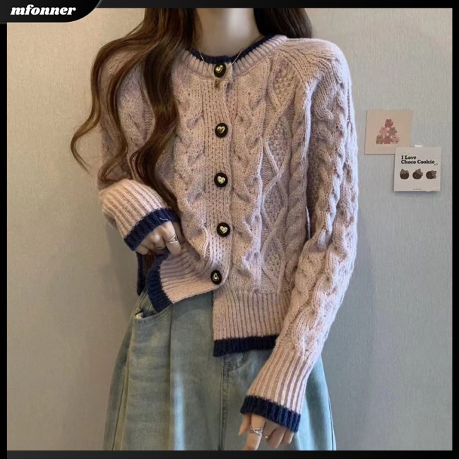 Áo Cardigan Dệt Kim Tay Dài Cổ Tròn Màu Sắc Tương Phản Thời Trang Cho Nữ