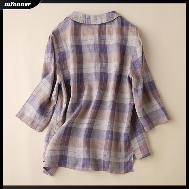 Áo Sơ Mi Cotton Lanh Dáng Rộng Cổ Đứng Tay Ngắn In Họa Tiết Kẻ Sọc Thời Trang Mùa Hè Cho Nữ