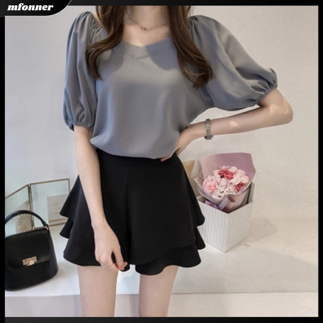 Áo Sơ Mi Chiffon Tay Ngắn Cổ Chữ V Màu Sắc Trơn Thời Trang Mùa Hè Dành Cho Nữ