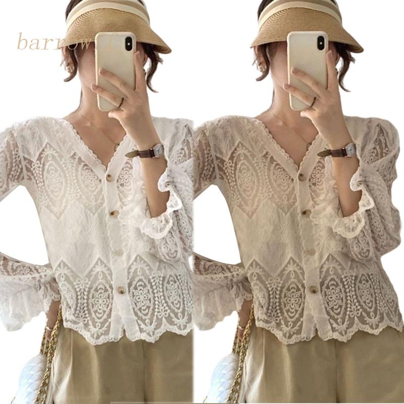 Áo Cardigan Ren Tay Phồng Cổ Chữ V Cài Nút Thêu Hoa Phong Cách Pháp Thời Trang Mùa Xuân Cho Nữ Ja