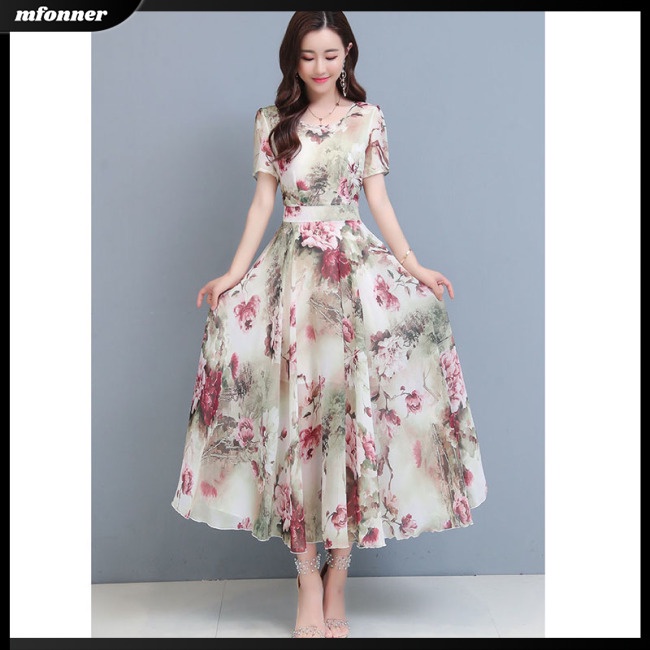 Đầm Midi Tay Ngắn Cổ Tròn Dáng Chữ A In Họa Tiết Hoa Thời Trang Mùa Hè Xinh Xắn Cho Nữ