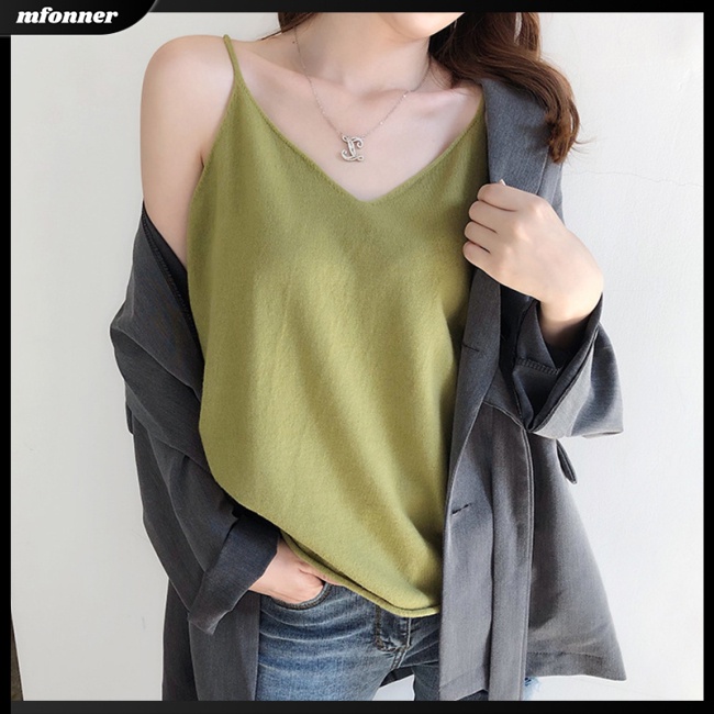 Áo Tank Top Dệt Kim Dáng Rộng Cổ Chữ V Màu Trơn Thời Trang Quyến Rũ Cho Nữ