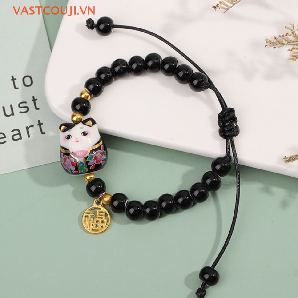 1 Vòng Tay Chuỗi Hạt Gốm Hình Mèo May Mắn Phong Cách Trung Hoa