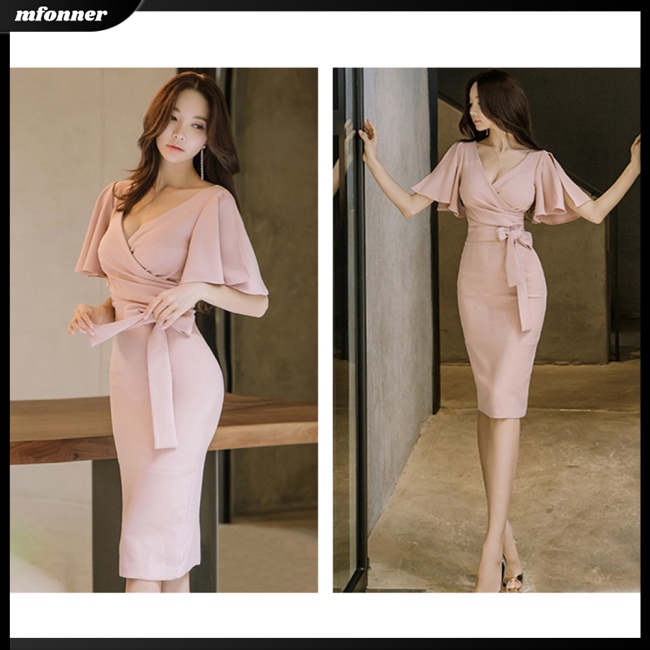 Đầm Cổ Chữ V Màu Trơn Phối Bèo Cột Dây Sau Lưng Thời Trang Cho Nữ