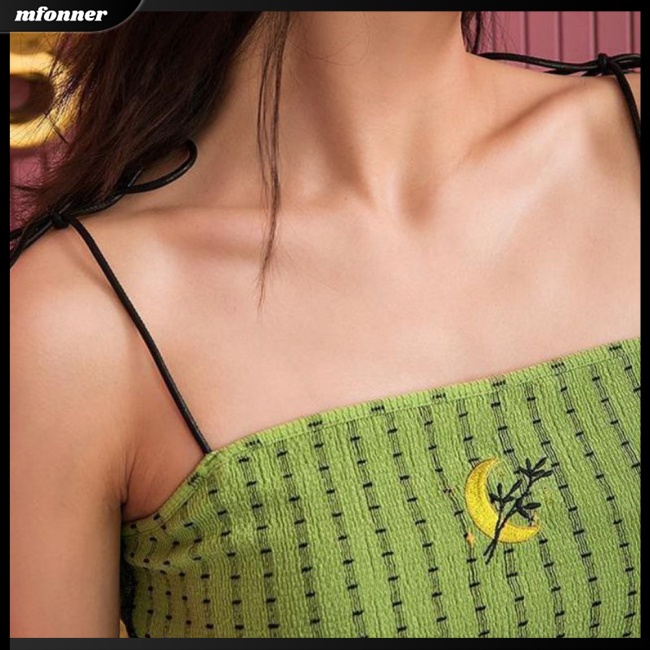 Áo Hai Dây Cotton Mềm Mại Họa Tiết Sọc Caro Thêu Hình Mặt Trăng Thắt Dây Thời Trang Cho Nữ