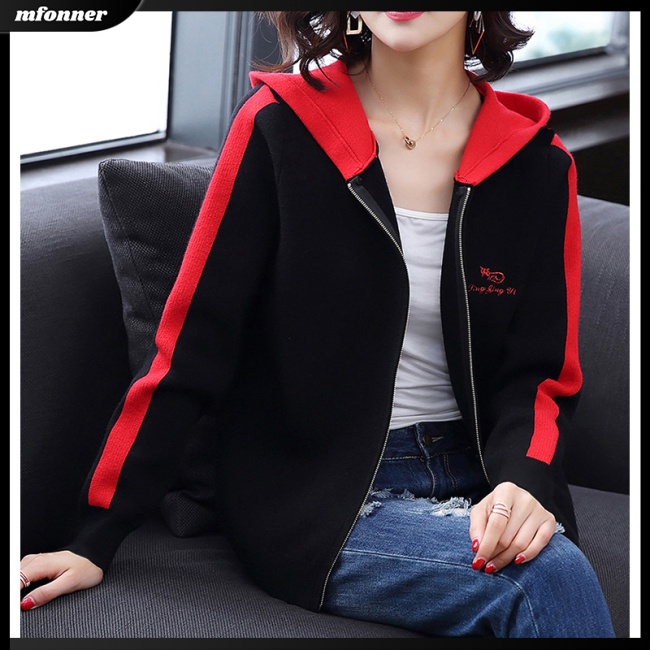 Áo Khoác Phao Phối Nhung Có Khóa Kéo Màu Sắc Tương Phản Thời Trang Cho Nữ