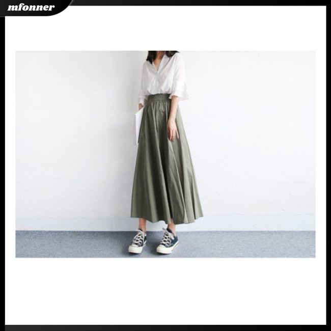 Chân Váy Midi Chữ A Lưng Thun Xếp Ly Vải Lanh Thoáng Khí Màu Sắc Đơn Giản Thanh Lịch Cho Nữ