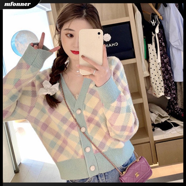 Áo Khoác Cardigan Dệt Kim Cổ Chữ V Họa Tiết Hình Thoi Màu Sắc Tươi Tắn Cho Nữ