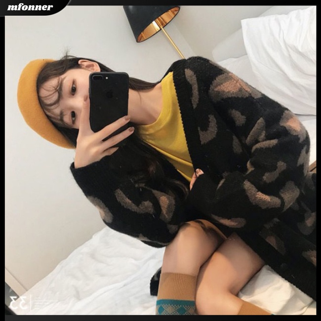 Áo Khoác Cardigan Dệt Kim Mỏng Tay Dài Dáng Rộng In Họa Tiết Da Báo Cá Tính Cho Nữ