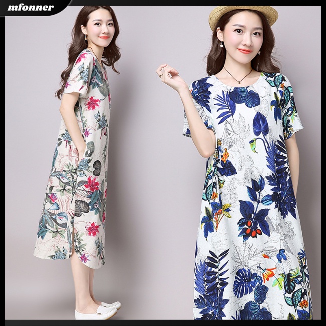 Đầm Cotton Pha Dáng Rộng Cổ Tròn Tay Ngắn In Hoa Xinh Xắn Cho Nữ