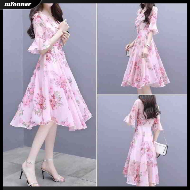 Đầm Tay Loe Cổ Chữ V In Họa Tiết Hoa Nhí Xinh Xắn Thời Trang Cho Nữ