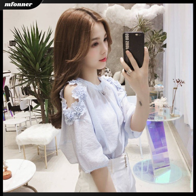 Áo Sơ Mi Chiffon Tay Ngắn Phối Ren Hoa Màu Sắc Trơn Thời Trang Xuân Hè Dành Cho Nữ